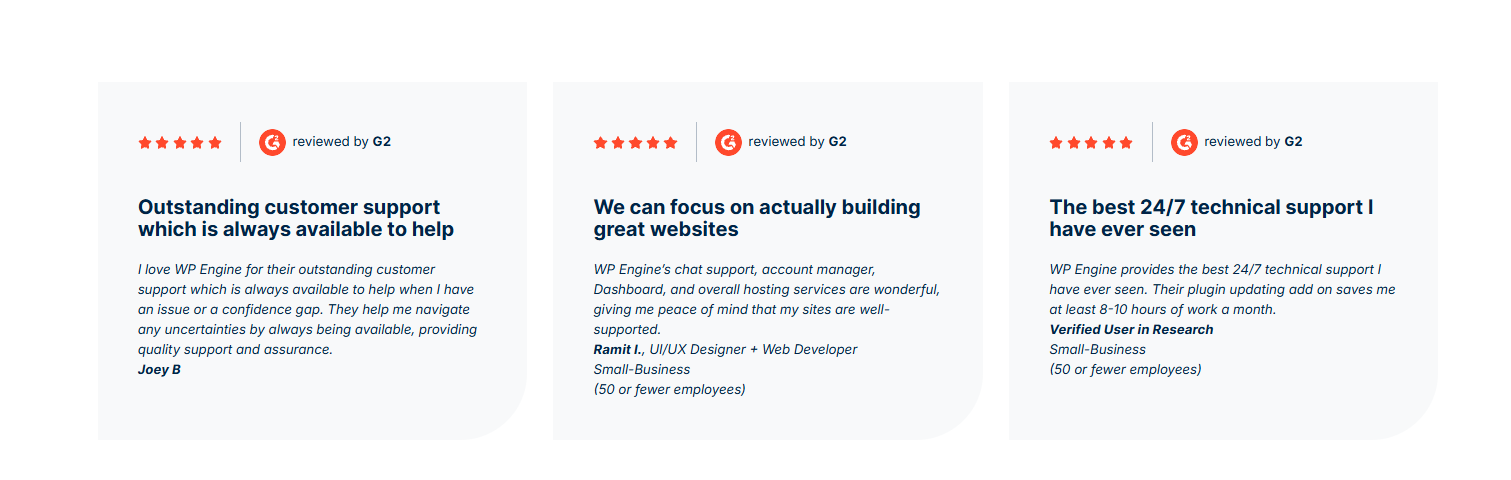 WP Engine Outstanding G2 Customer Support User Review Rating